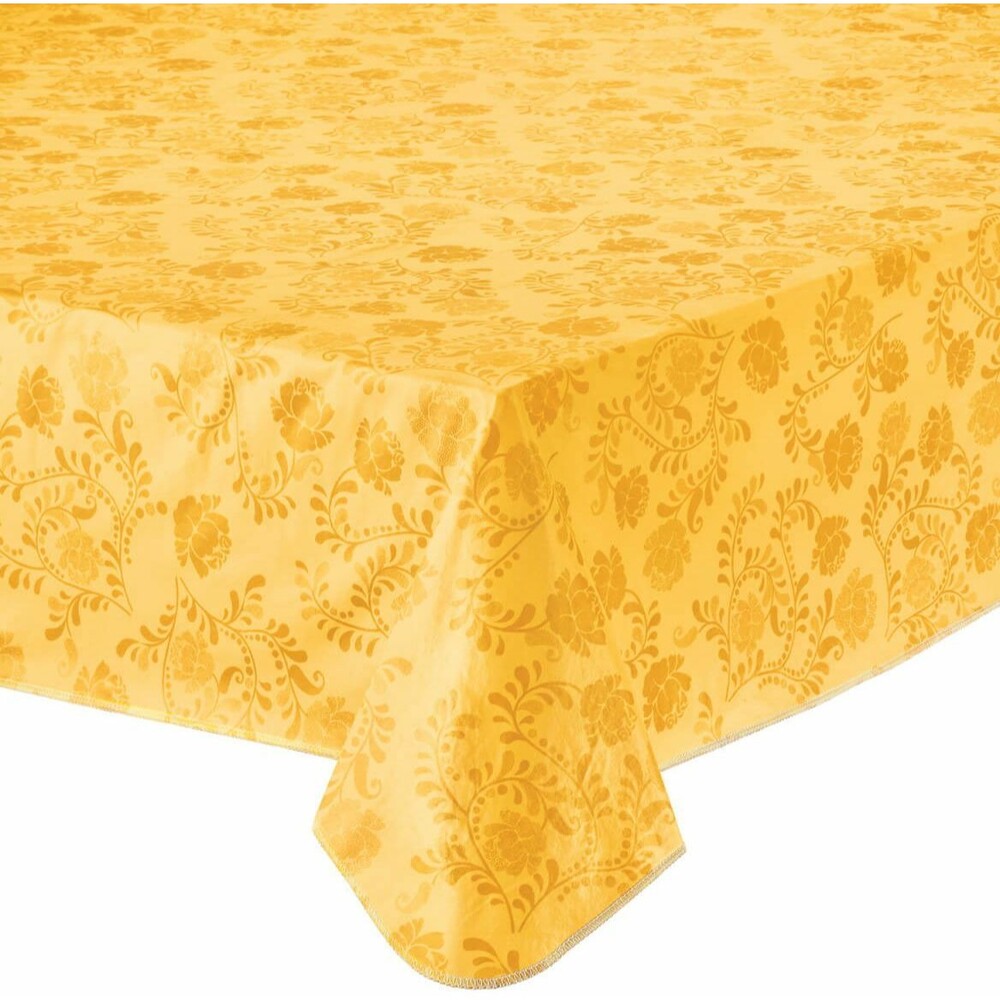 VINYL FLANNEL BACK TABLECLOTH 60"x120" Oblong, FLOWERS ON YELLOW, KATHLEEN, HSK